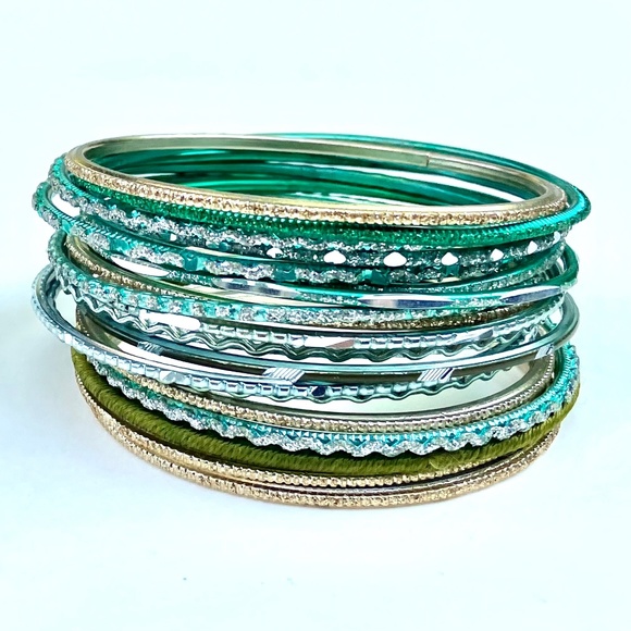 Mixed Bundle of Thin Metal Bangles in Green and Gold Tones - Picture 1 of 6